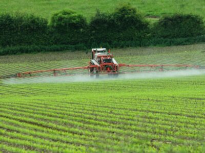 Red Tractor spraying field