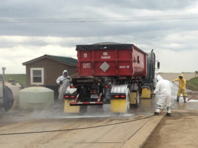 Truck sprayed with disinfectant